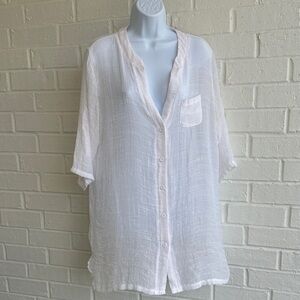 Ekouaer Sheer White Button Up Tunic Top 3/4 Sleeves W/Button Tab to shorten Sz L